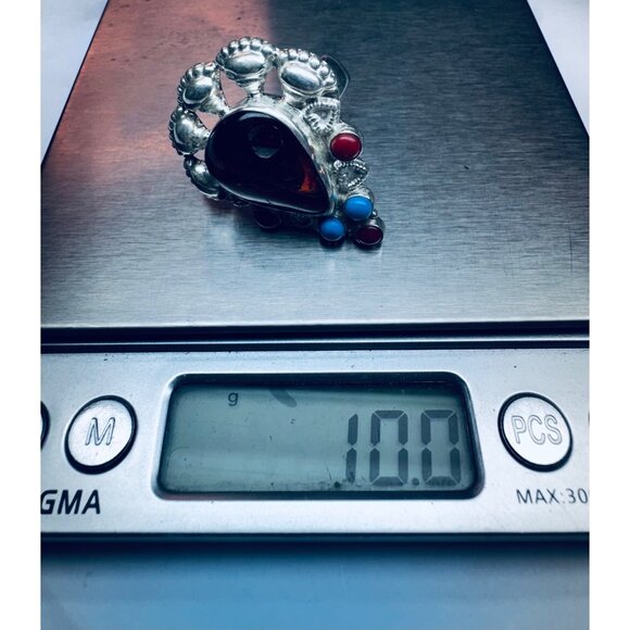 925 Sterling Silver Statement Ring Amber Turquoise Coral Inlay Size 8 Estate - Picture 10 of 11